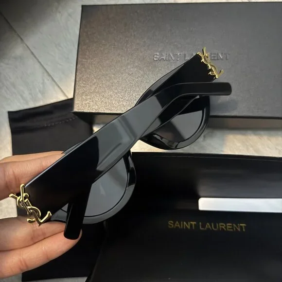 Saint Laurent Black Cat Eye Sunglasses Gold YSL Logo Trendy It Girl - Picture 3 of 11
